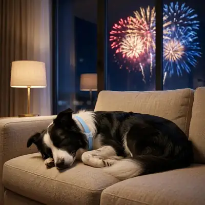 Border collie asleep on a sofa with fireworks outside the window