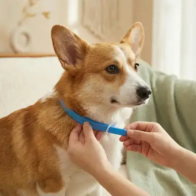 Owner fastening a blue CalmiCollar around a corgi