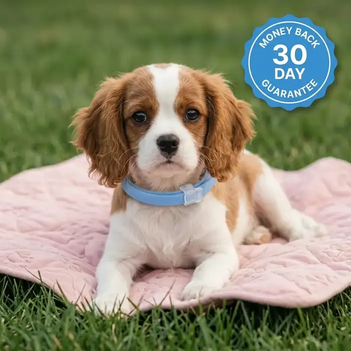 Puppy wearing a blue collar beside a 30 day money back guarantee badge
