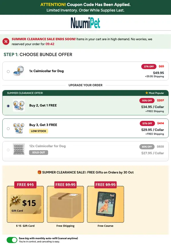 Official CalmiCollar checkout page with bundle choices, free gifts and the auto-refill switch