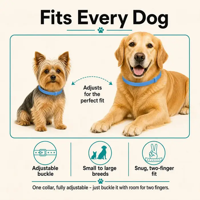 Seller guide showing the adjustable buckle and two-finger fit on two dog sizes