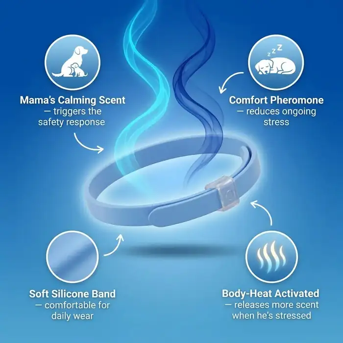 Seller diagram of the CalmiCollar silicone band releasing scent with body heat