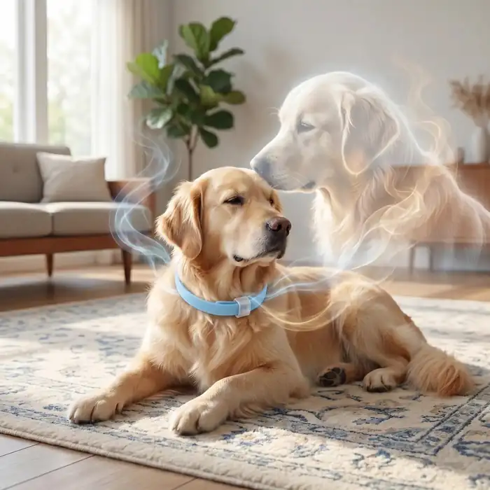 Golden retriever wearing a blue calming collar on a living room rug